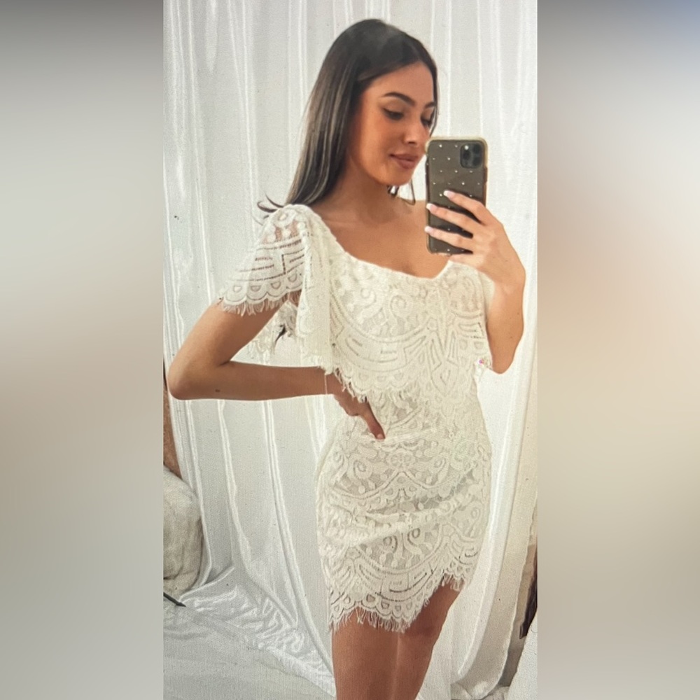 White lace off the shoulder mini dress